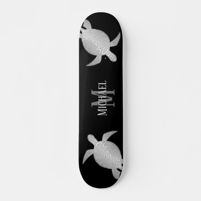 Silver Turtle Tribal Black Background Monogram Skateboard (Vorne)
