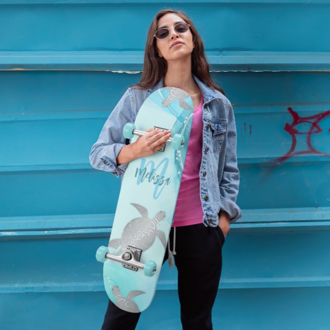 Silver Turtles Blue Marble Monogram Your Name Skateboard (Von Creator hochgeladen)