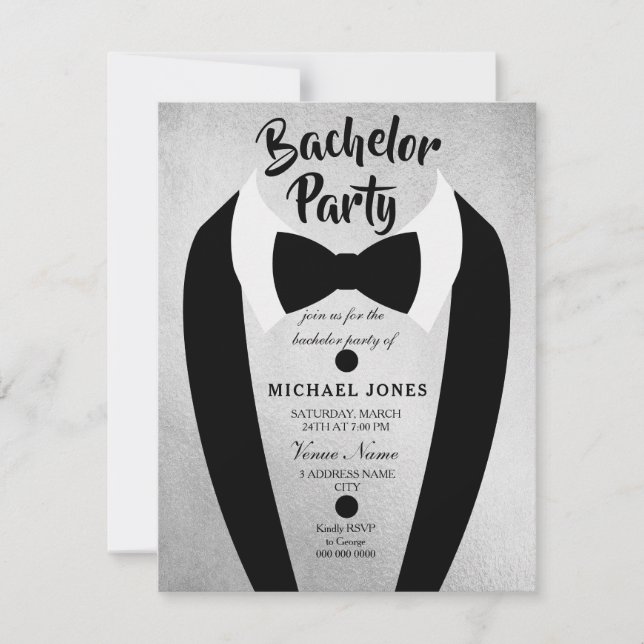 Silver Tuxedo Bow Krawatte Bachelor Party Einladun Einladung (Vorderseite)