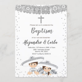 Silver Twin Boy and Girl Baptisse Einladung