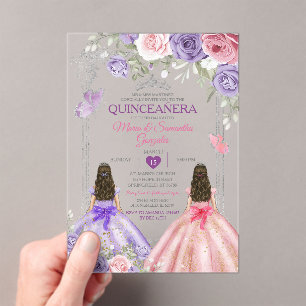 Silver Twin Princess Lila und rosa Quinceañera Acryleinladungen