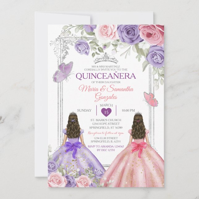 Silver Twin Princess Lila und rosa Quinceañera Einladung (Vorderseite)