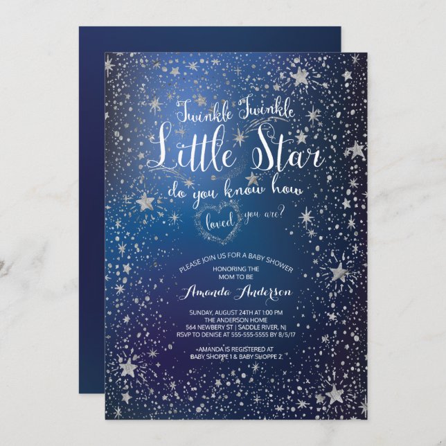 Silver Twinkle Little Star Baby Dusche Einladung (Vorne/Hinten)