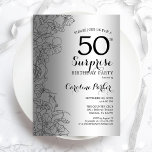 Silver Überraschung 50. Geburtstagsparty Einladung<br><div class="desc">Silver Überraschung 50. Geburtstag Party Einladung. Glam feminin Design mit Imitaten silberne Folie,  botanischen Akzenten und Typografie Drehbuch Schriftart. Einfache florale Einladungskarte perfekt für eine stilvolle weibliche Überraschung am Tag. Kann für jedes Alter angepasst werden. Gedruckte Zazzle Einladungen oder Sofortdownload digitalen druckbaren Vorlage.</div>