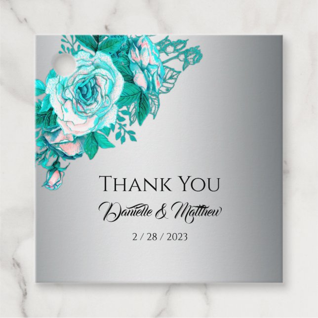 Silver und Aqua Rose Hochzeit Danke Geschenkanhänger (Vorderseite)