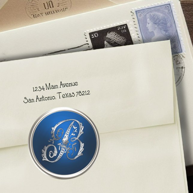 Silver und Blue Monogram B Umschlag Aufkleber (Von Creator hochgeladen)