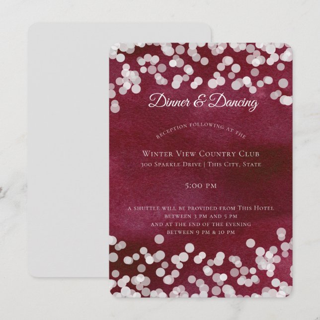 Silver und Maroon Bokeh Sparkle Hochzeitsempfang Einladung (Vorne/Hinten)