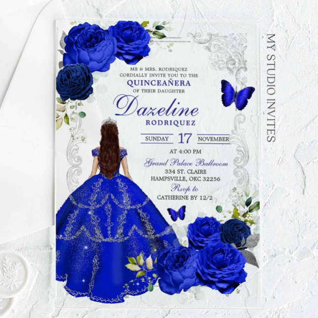 Silver und Royal Blue Princess Quinceañera Acryleinladungen (Von Creator hochgeladen)