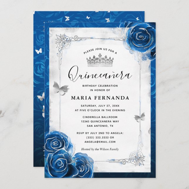 Silver und Royal Blue Rose Elegante Quinceanera Einladung (Vorne/Hinten)