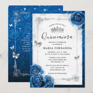 Silver und Royal Blue Rose Elegante Quinceanera Einladung