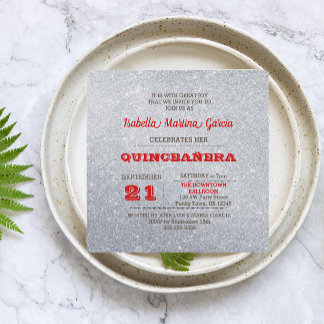 Silver und Ruby Red Funkelnd Quinceañera Einladung