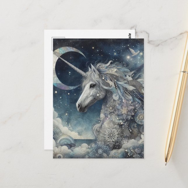 Silver Unicorn Collage With Moon Postkarte (Vorderseite/Rückseite Beispiel)