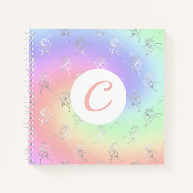 Silver Unicorn Pastel Ombre Initial Sketchbook Notizbuch (Vorderseite)