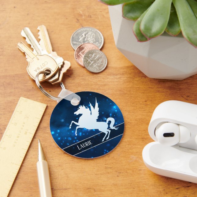 Silver Unicoron auf Funkelnd blauen Monogramm Schlüsselanhänger (Schreibtisch)