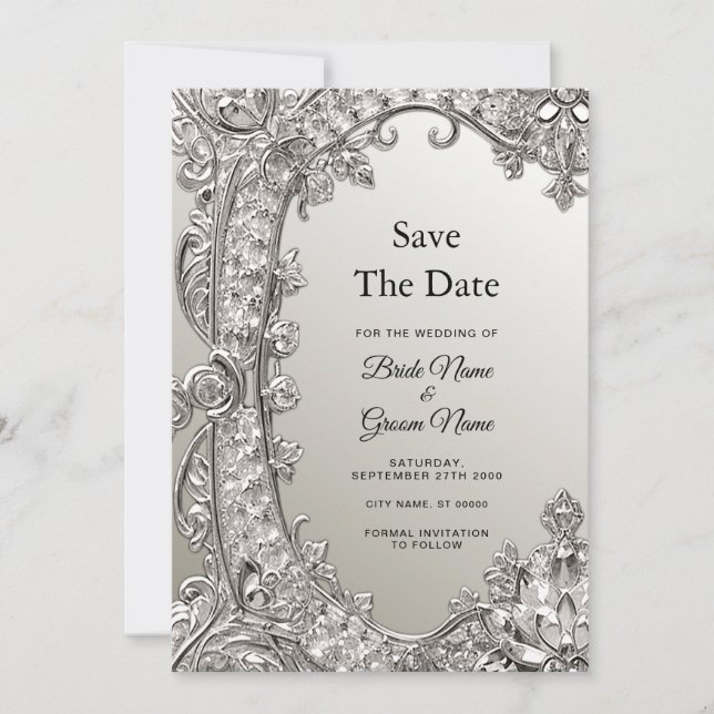 Silver Verziert Modern Save the Date (Vorderseite)