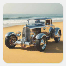 Silver Vintage Auto am Strand Quadratischer Aufkleber