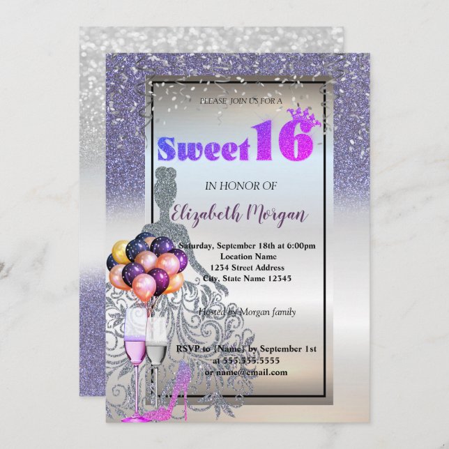 Silver Violet Glitzer Dress, Glass Sweet 16 Party Einladung (Vorne/Hinten)