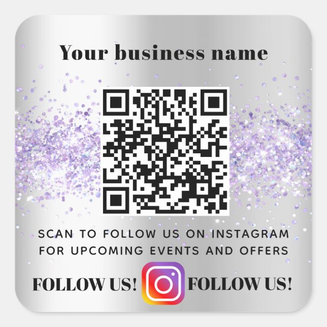Silver violett Business QR Code Instagram Quadratischer Aufkleber (Vorderseite)