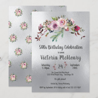 Silver Watercolor Floral Frosty Rose Geburtstag Einladung