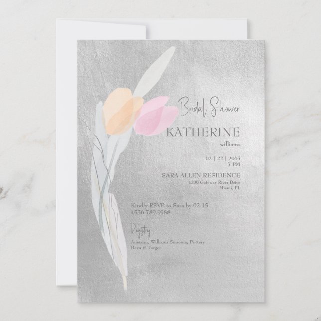 Silver Watercolor Pink Tulip Brautparty Einladung (Vorderseite)