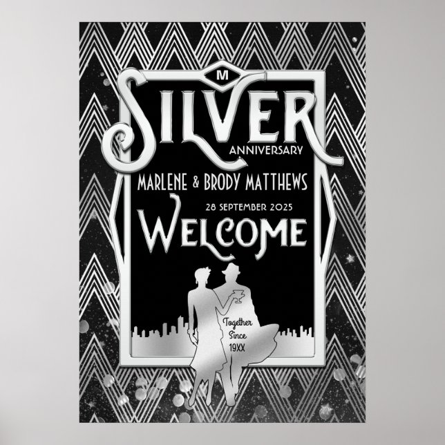 Silver Wedding Jubiläum Art Deco Party Willkommen Poster (Vorne)