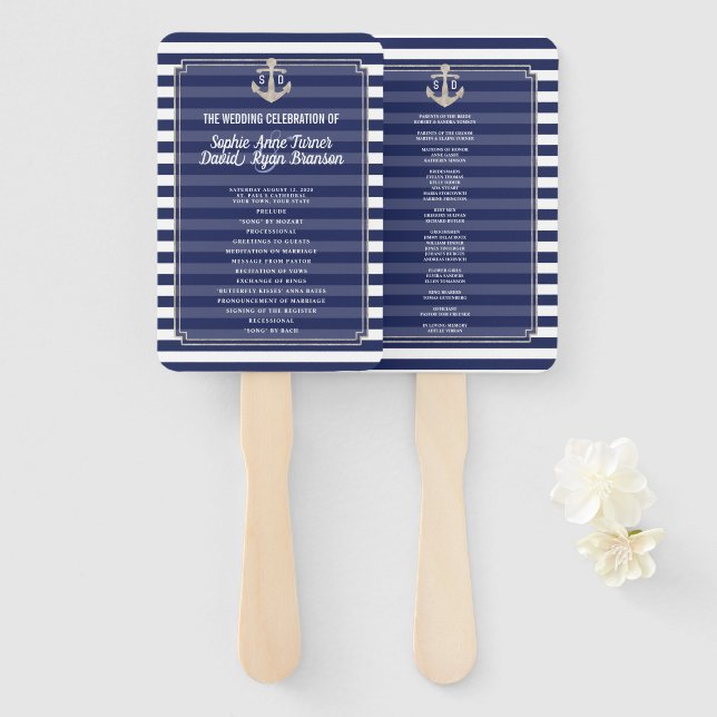 Silver Wedding Program für Nautical Navy Blue Stri Fächer (Vorne und Hinten)