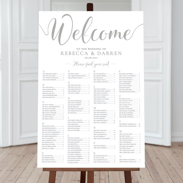 Silver Wedding Seating Chart Alphabetische Namen Poster (Von Creator hochgeladen)