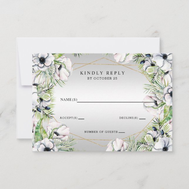 Silver White Anemone Gold Geometric Wedding RSVP Karte (Vorderseite)