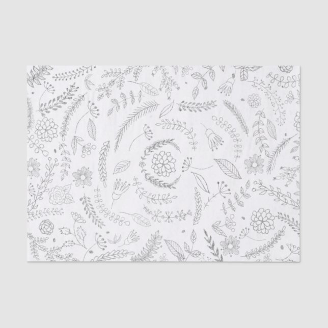 Silver & White Botanical Elegante Glam Flora Seidenpapier (Vorderseite)