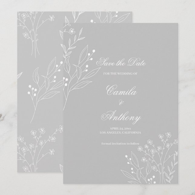 Silver White Corner Floral Boho Wedding Einladung (Vorne/Hinten)