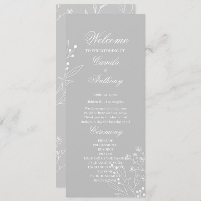 Silver White Corner Floral Boho Wedding Programm (Vorne/Hinten)
