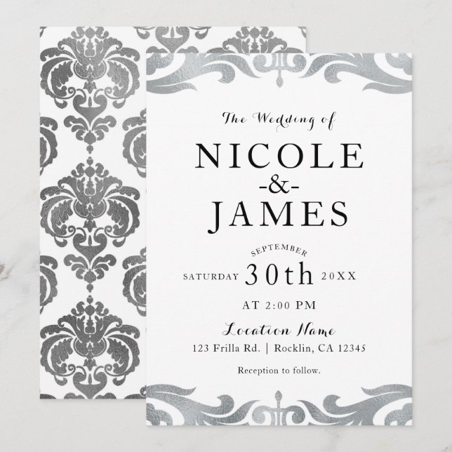 Silver & White Damask Chic Elegante Minimale Hochz Einladung (Vorne/Hinten)