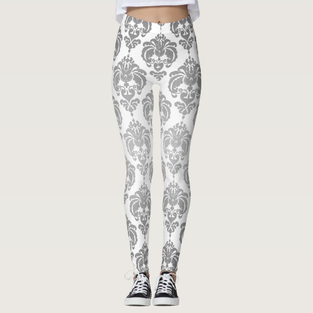 Silver & White Damask Chic Modernes, elegantes Mus Leggings (Vorderseite)