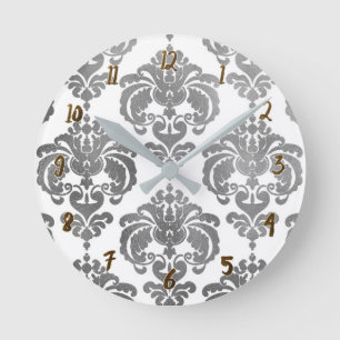 Silver & White Damask Glam Modern Personalisiert Runde Wanduhr