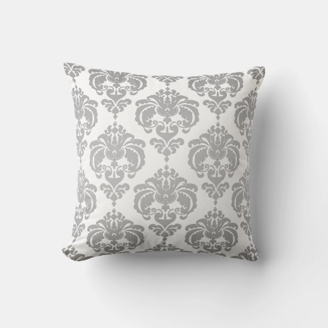 Silver & White Damask Modernes, elegantes Muster Kissen (Vorderseite)