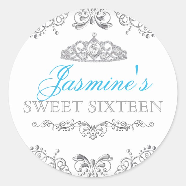 Silver White Damask & Tiara Sweet 16 Sticker (Vorderseite)