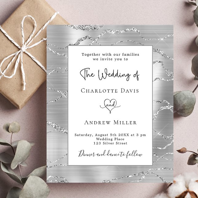 Silver White elegante Budget Hochzeitseinladung (Von Creator hochgeladen)