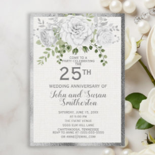 Silver White Floral 25. Hochzeitstag Einladung