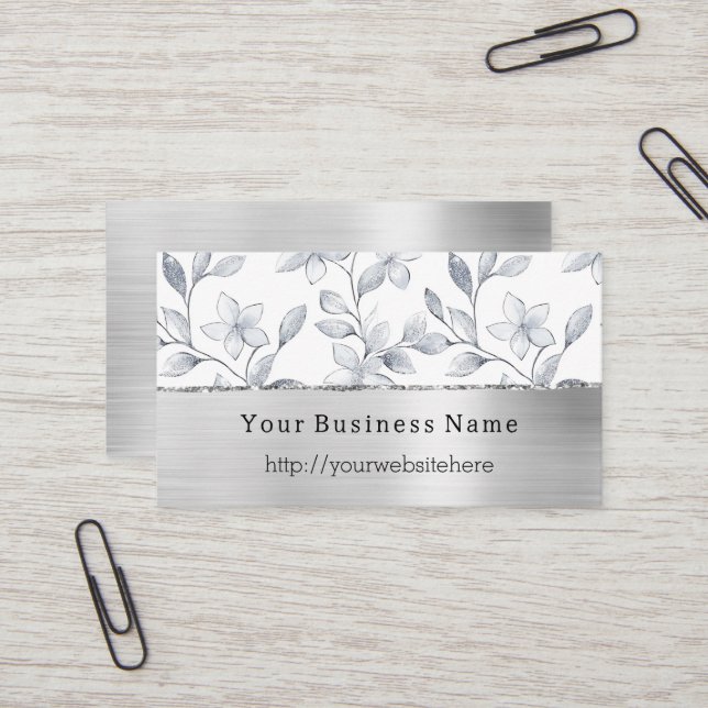 Silver White Floral Business name website Visitenkarte (Vorderseite/Rückseite Beispiel)