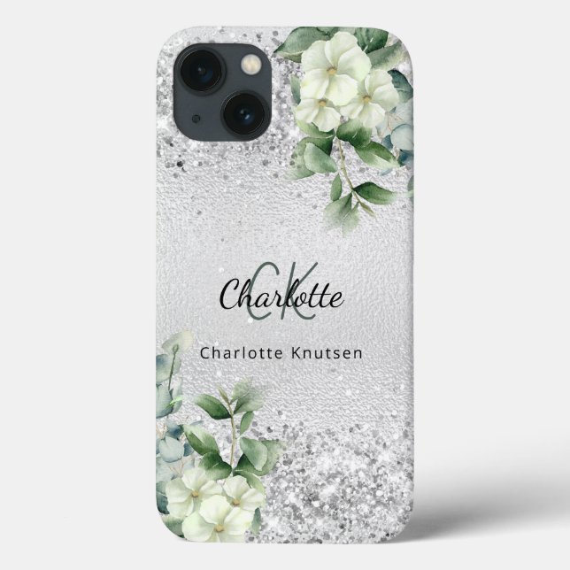 Silver white florale euclayptus monogram name Case-Mate iPhone hülle (Rückseite)