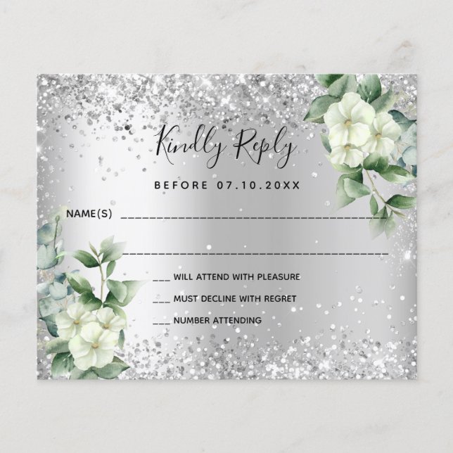 Silver white florals eucalyptus weded RSVP Note Flyer (Vorne)