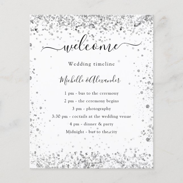 Silver white Glitzer Budget Hochzeitsprogramm (Vorne)