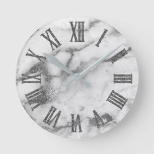 Silver White Gray Carrara Marble Stone Roman Numbe Runde Wanduhr