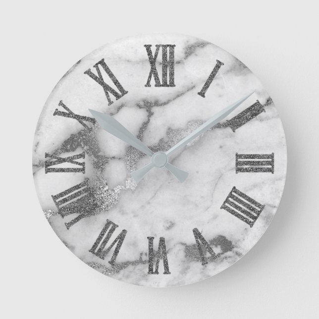 Silver White Gray Carrara Marble Stone Roman Numbe Runde Wanduhr (Vorderseite)