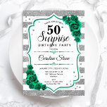 Silver White Green Überraschung 50. Geburtstag Einladung<br><div class="desc">Überraschung 50. Geburtstagsparty Einladung. Weibliches smaragdgrünes Design mit Imitaten Glitzer Silber. Weiße und silberne Streifen,  Rose,  Skript-Schriftart und Konfetti. Ideal für eine elegante Damenfeier. Kann personalisiert sein,  jedes Alter zu zeigen. Gedruckte Zazzle Einladungen oder Sofortdownload digitalen druckbaren Vorlage.</div>