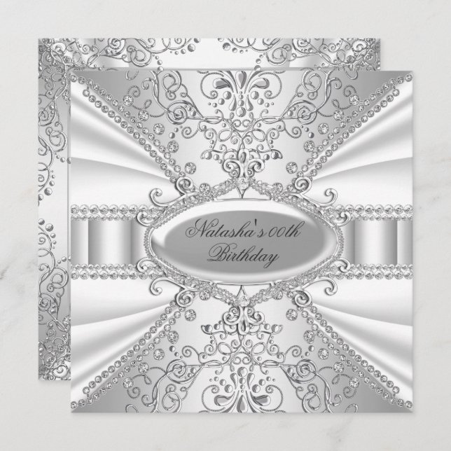 Silver & White Jewel Damask Geburtstag Einladung (Vorne/Hinten)