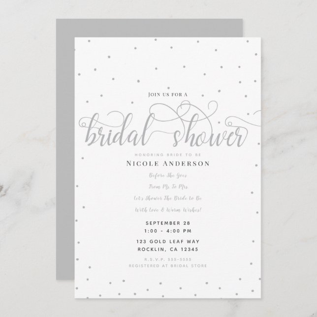 Silver & White Modern Minimal Script Brautparty Einladung (Vorne/Hinten)