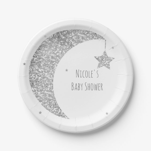 Silver & White Moon & Stars Babydusche Pappteller (Vorderseite)