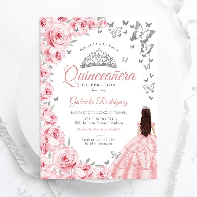 Silver White Pink Floral Quinceanera Einladung (Von Creator hochgeladen)