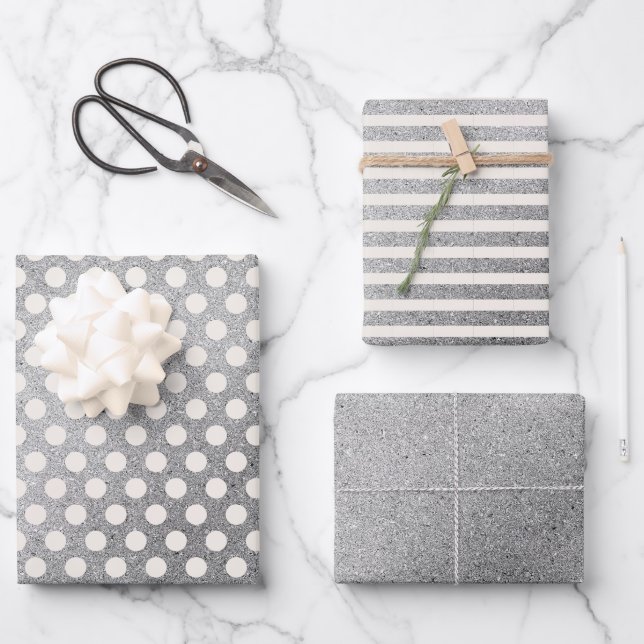 Silver White Polka Dots Streifen Weihnachtsfeierta Geschenkpapier Set (Vorderseite)